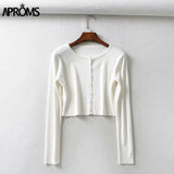 Aproms Candy Color Ribbed Knitted Cardigan Women Autumn Winter Long Sleeve Basic Cropped Sweaters Female Casual Short Jumper