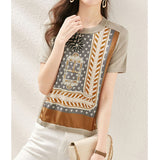 Short Sleeve Graphic Tee Shirt Women Knitted New O-Neck Loose Abstract Printing Rivet Fashion Casual Vintage Elegant Top-Outfit