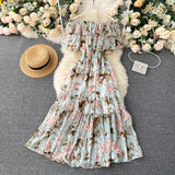 floral print Sexy ruffles Summer off shoulder chiffon long dress Party elastic waist Women casual beach holiday tunic