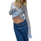 Women Y2K Vintage Lettuce Trim Long Sleeve Chiffon Tee Shirt Crop Basic Tops Button Cardigan Aesthetic Grunge Clothes-Outfit