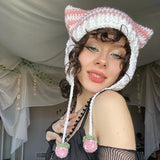 Toloer New Knitted Hat Fox Ear Devil Horn Striped Wool Hat Female-Outfit