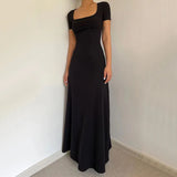 Bodycon Midi Dress Women Summer Korean Short Sleeve Square Collar A Line Dress Y2K Solid Elegant Club Party Vestidos-Outfit
