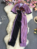 New Spring Autumn Fashion turn down collar short sleeve zipper Jumpsuit hit color print high waist casual wide leg