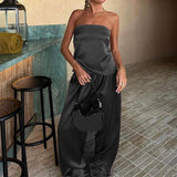 Women's Y2K Satin 2Piece Outfits Bandage Lace-up Backless Bandeau Tops+ Wide Leg Pants Set Streetwear Aesthetic Suits-Outfit