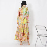 Fashion Spring Dress For Women Stand Collar Long Sleeve High Waist Print Colorblock Midi Dresses Female Clothes