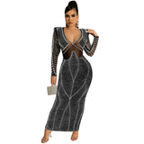 Sexy Nightclub Hot Diamond Mesh Perspective V Collar Long Sleeve Dress Woman-Outfit