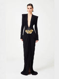 Exploding Black Long-Sleeved Hollow V-Neck Cross Dress Metal Fishtail Elegant