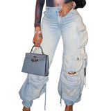 Hot Women's New Retro Casual Hole-Breaking Workwear Wide-Legged Multi-Bag