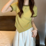 Toloer Female 2024 New Summer Design Sense Contrast Color T-Shirt Fashion Chic Irregular Short Student