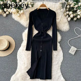 Sexy Split Knitted Dress Lapel V Neck Long Sleeve Button Bodycon Sweater Dress Women Streetwear Midi Long