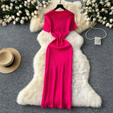Toloer Senior Sense Dress Female Summer Sexy Sequins Slit Waist Show Thin Round Collar Short Sleeves In The Long Knit