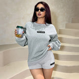 Round Collar Long Sleeves Loose Edgy Women High-Waist Print Tight Shorts Fashion Casual Babes