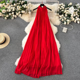 Dress Women's Spring / Summer 2024 New Heavy Industry Pleated Chiffon Neck Beach Skirt Medium Length Skirt-Outfit