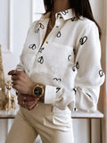 Pocket Letter Print Shirt Blouse Women New Arrival 2023 Button Long Sleeve Shirts Top Spring White Office Slim Tops Femme-Outfit