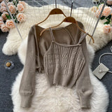 Korean Knitted Set Long Sleeve Casual Cardigan+Sexy Off Shoulder Slim Pearl Strap Tops Autumn Two Piece