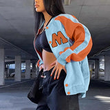 2022 Autumn Women Oversize Contrast Color Letter Printed Uniform Baseball Jacket Couple Harajuku Streetwear Single Breasted