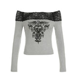 Toloer Dark Personality Print Long-Sleeved T-Shirt With Thin Lace With An Off-The-Shoulder Hottie Top-Outfit