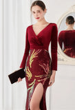 Winter Elegant Velvet With Sequins Deep V Neck Long Sleeve Slit Cocktail Eevening