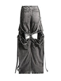 Toloer 2024 New Street Hipster Multi-Pocket Decoration Ribbon Design Sense Jeans Women's Hollow Out Cargo Pants-Outfit