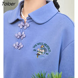 Women Sweatshirts 2022 Winter Long Sleeve Polo Neck Loose Hoodie Vintage Button Design Embroidery Casual Chic