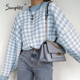 Simplee Women geometric khaki knitted sweater women casual Houndstooth lady pullover sweater female Autumn winter retro