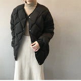 Autumn winter down jacket women fashion covered button o neck full sleeve diamond lattice oversize warm coat parka