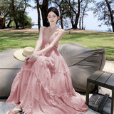 Desire Wind Sexy Dew Back Hanging Neck Halter Belt Skirt Female Summer New French Temperament Super Fairy Seaside Holiday Dress-Outfit