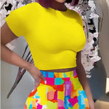 Toloer Women's Round Collar Short-Sleeved T-Shirt Wrapped Hip Skirt Print Leak Umbilical Slim Sexy
