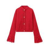 Autumn And Winter New Women's Elegant Temperament Red Feather Design Knitted Cardigan