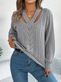 Shooting 2025 Autumn And Winter Leisure Hollow V-Necked Lantern Sleeve Sweater Women's