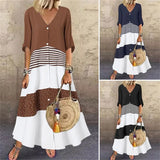 Summer V-Neck Short Sleeve Print Long Dress Button-Outfit