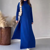 Solid-Color High-Collar Side Open-Fork Knitted Trousers Set In Autumn