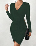 Autumn And Winter New Solid Color V Collar Tight Package Hip Slim Sexy Long-Sleeved Dress Woman-Outfit