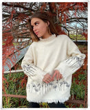 Black Floral Beige Fringes Sweater Mock Neck Plus Size Large Casual Women Pullover Fashion Autumn Winter Female Chic Tops