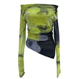 Dyed Printed Shoulder T-Shirt Design Sense Irregular Open Fork Thin Mesh Long Sleeve Top