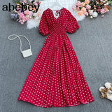 dot holiday casual wide leg jumpsuits V Neck Puff Sleeve Waist Elastic Rompers loose beach long