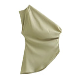 Women's Clothing 2025 Spring New Fold Design Asymmetrical Collar Three-Piece Vest