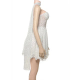 White Polka Dot Strapless Frill Mini Dress With Drape Scarf-Outfit