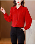 for Women Elegant 2023 Spring Summer Turn-down Collar Long Sleeve Solid Chiffon Button Shirt Casual Fashion Tops-Outfit