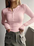 Solid Color Breasted V Neck Slim Long Sleeve Knit-Outfit