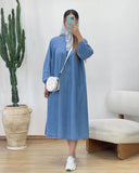 Round-Neck Solid-Colored Casual Long-Sleeved Denim Dress In Fall