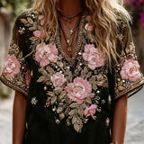 3D Printed Autumn Temperament Elegant New Imitation Of The Shoulder Short-Sleeved Top