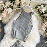 Women Soild Button Hollow Out Thin Knitted Tank Tops Female Girls Double Breasted Knit Sleeveless Sweater