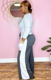 Casual V-Neck Plain Shirt and Contrast Color Sweatpants 2PC