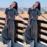 Casual Set Summer Women's New Ocean Gas High Age-Dose Tie Dye T-Shirt Loose Broad Leg Pants