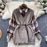 2022 Winter Casual Sweater Sets Loose Long Knit Tank Top+Spliced Plaid Blouse Women Retro OL Knitted Two Pieces