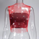 Toloer Nightclub Dresses Fishnet Hollow Out Rhinestone Vest Mesh Flash Diamond Sling Top