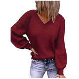 Toloer And Winter New Large Size Loose Sweater V-Neck Pure Color Pullover Sweater Female-Outfit