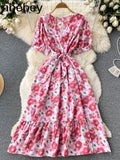 2022 Vintage Floral Print V Neck Bandage Dress Summer Midi Long Party Women High Waist Vestido De Festa Elegant