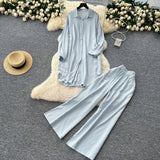 Casual Suit Women's Korean Version Of The Fashion Loose Long-Sleeved Shirt Dress High Waist Wide Leg